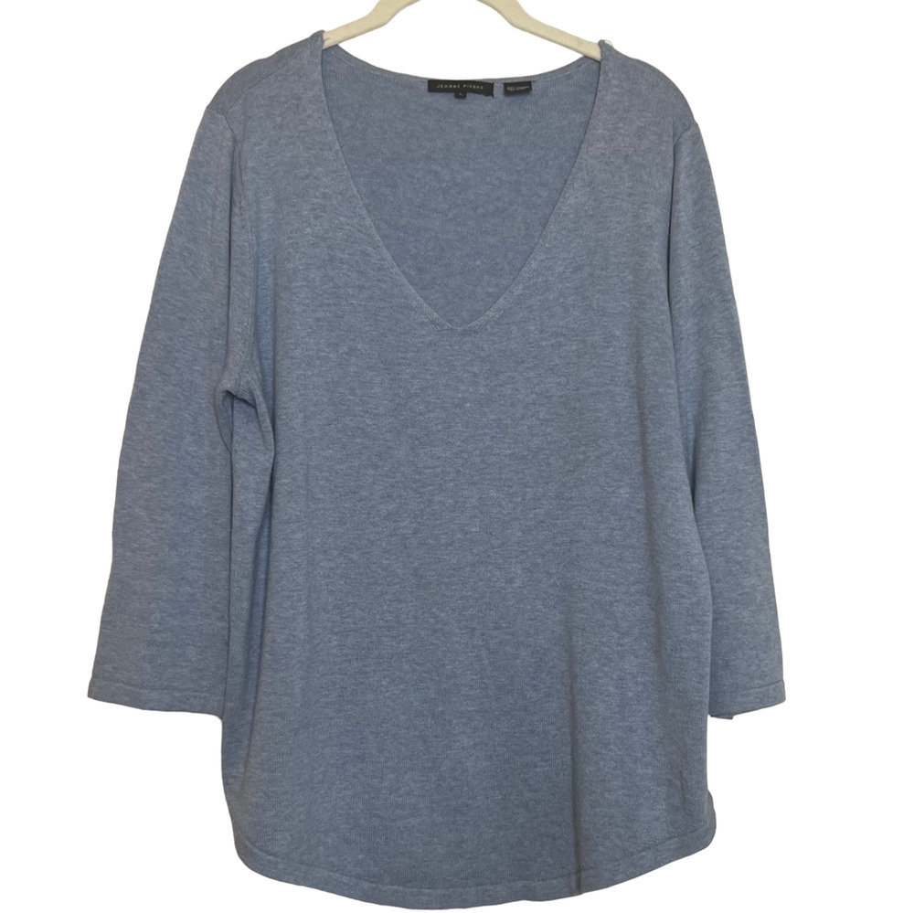 Jeanne Pierre Womens Cotton Sweater Large Blue Lightweight V-Neck 3/4 Sleeve